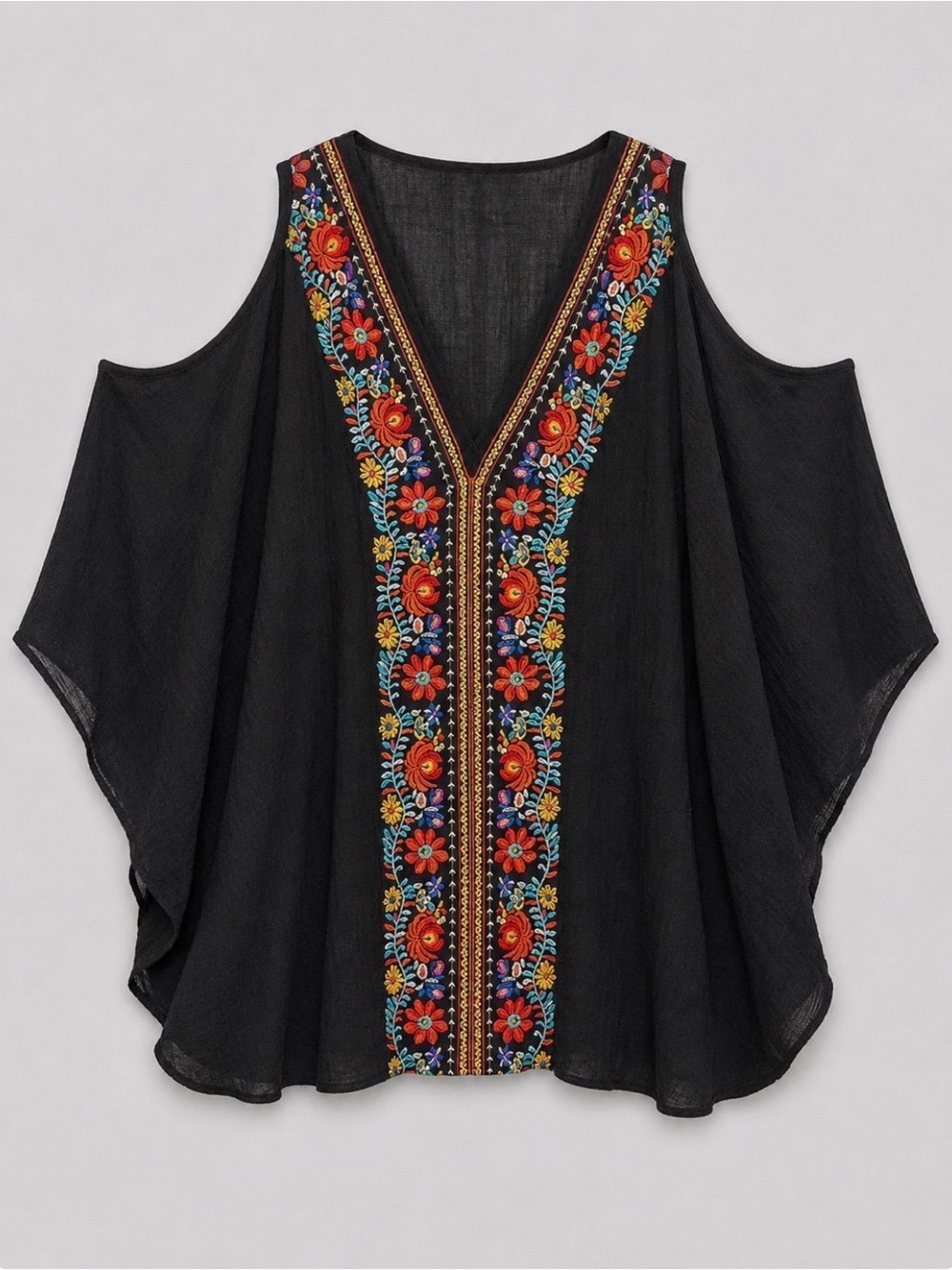 NWT-Entro Midnight Rodeo Embroidered Cold-Shoulder Black Boho Tunic PTP 26 - Picture 2 of 2